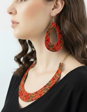 Ensemble Bijoux "Graphique Chic" – Collier et Boucles d’Oreilles Motif Tribal rouge