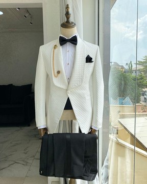 Ivory White Jacquard Shawl Lapel Wedding Tuxedo Suit, Cummerbund, Tie, Bow Tie