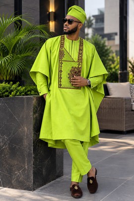 Ensemble Agbada 3 pièces vert citron pour homme – Grand boubou brodé, pantalon et bonnet