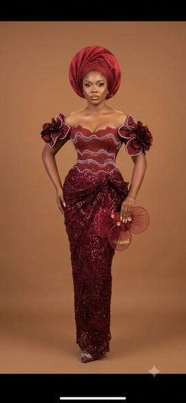 Imperial Burgundy Sequined Lace Gown with Sculptural Floral Accents