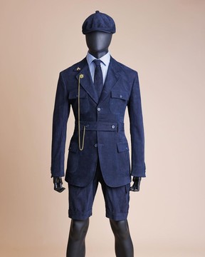 A “Combat” navy blue corduroy, 3 button safari suit