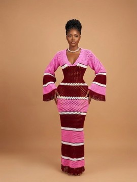 Handmade Earth-Toned Striped Crochet Maxi Dress with Dramatic Bell Sleeves