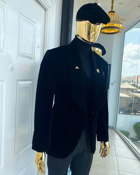 A “peaky blinders” soaked Italian velvet charcoal black shawl lapel suit