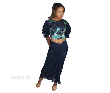 Damask Lace Crop Top and Ruched Lace Skirt, Lace Skirt, Jacquard Top