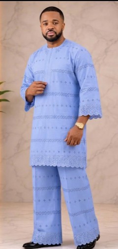 Blue Embroidered Senator Set for Men | African Lace Top &amp; Pants| Yoruba men Lace