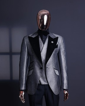 A silver &amp; black, knitted, jacquard peak lapel tuxedo suit