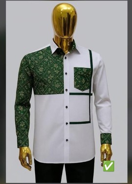 Chemise pour homme à imprimé Ankara blanc et vert – Chemise boutonnée à panneaux contrastés avec manches à motifs