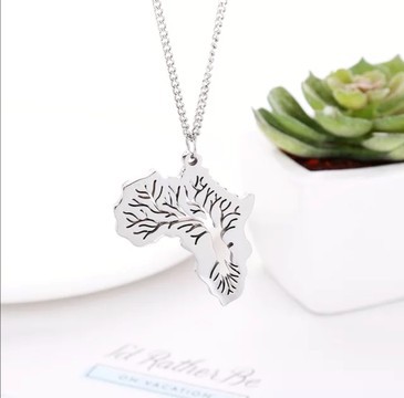 Silver tree african map necklace