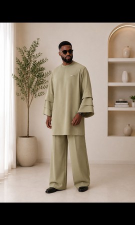 Ensemble en tissu sénateur vert sauge pour homme – Tunique à manches étagées et pantalon à jambes larges, deux pièces