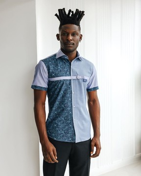 A short sleeve, prints &amp; plain with metal strap overlay casual shirt.
