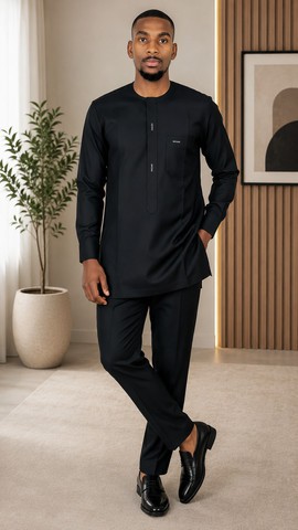 Men's Black Cotton-Polyester Senator Set – Long Sleeve Native Wear Top &amp; Matching Trousers