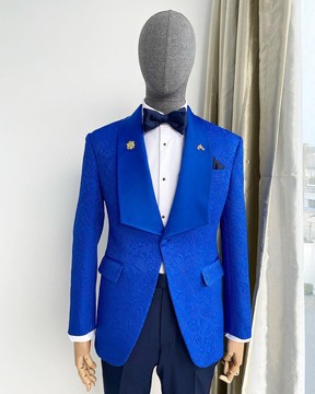A Royal Blue floral pattern jacquard shawl lapel blazer suit
