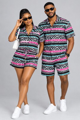 Matching African Print 2-Piece Shorts Set for Couples – Unisex Ankara Shirt &amp; Shorts Outfit