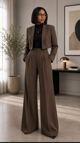 Ensemble blazer court marron pour femme et pantalon taille haute à jambes larges – Tenue de bureau deux pièces