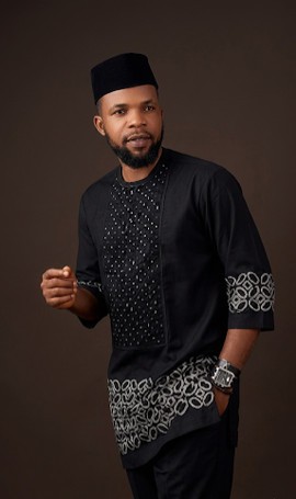 The Danjuma Embroidered Native Men's Short Senator with Stone-Stitch Embroidery &amp; Tribal Cuff Panel