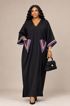 Robe kaftan boubou noire pour femme avec col en V, manches larges et poches à motifs décoratifs