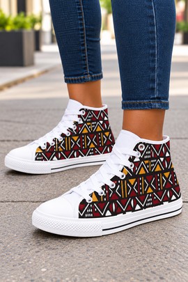 Tribal Bogolan Women's Classic High Top Canvas Shoes | African Mudcloth High Top Sneakers
