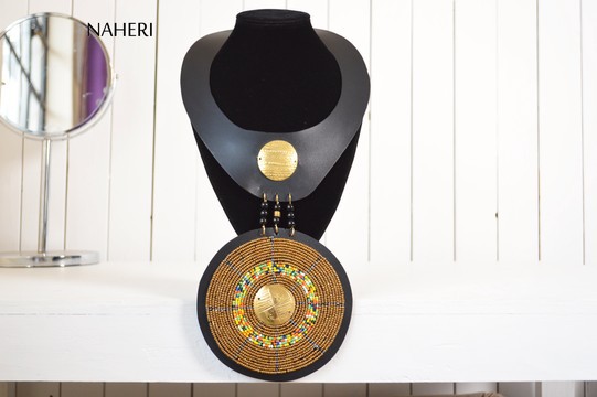 African beaded leather collar necklace with disc pendant