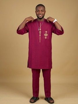 Magenta Geometric Gold Embroidered Senator Wear – Men's 2-Piece Mid-Sleeve Tunic and Trousers