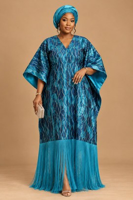 Luxury Blue Brocade Bubu Kaftan Dress with Fringe Hem – Elegant African Women’s Occasion Wear