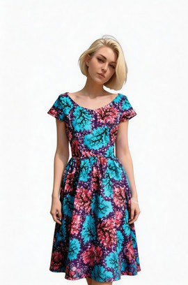 Ankara Midi Dress with Gathered Waist &amp; Cap Sleeves