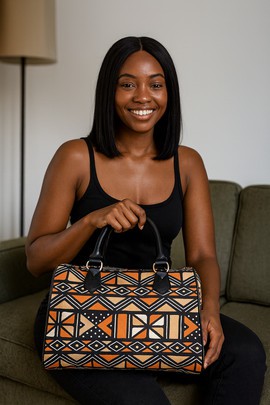 African Leather Handbag Boston Minimalist Wax Print