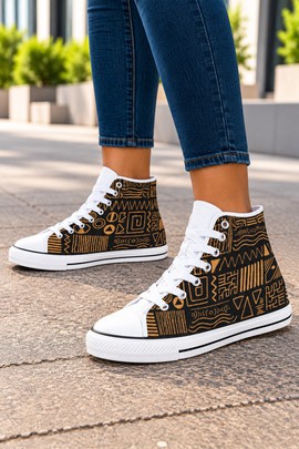 Afrocentric Mudcloth Women's Classic High Top Canvas Shoes | African Sneakers | Bynelo