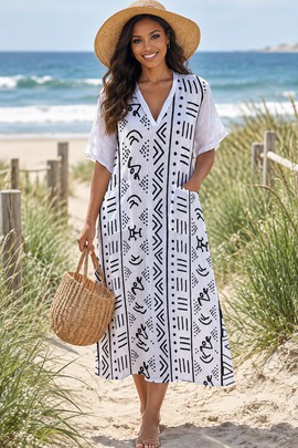 Tribal Mudcloth Pattern Women's Loose V-Neck Midi Dress | African Print Fashion | Bynelo