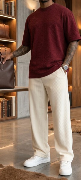Mens Navy Textured Knit Tee &amp; Cream Ribbed Trousers Outfit