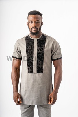 Gray Kaftan with Black Accents, African Men Clothing, African Mens Wear, African Wedding Men