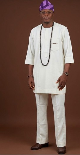 Cream Dashiki with Purple Striped Cap &amp; Beaded Necklace