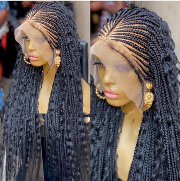 Half cornrow half curls braided wig black