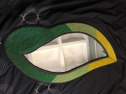 Beaded mirror decor/ Green accent mirror piece/ home decor hanging mirror