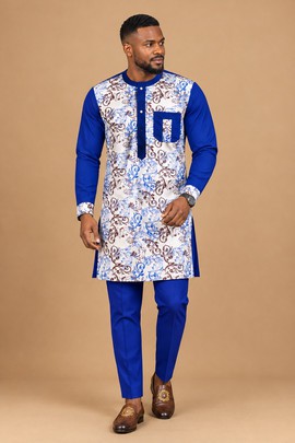 Men’s Royal Blue African Native Outfit with Paisley Print – Long Sleeve Tunic and Trousers