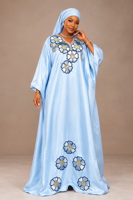 Robe caftan brodée bleu clair pour femme