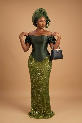 Emerald &amp; Olive Corset Aso-ebi Sequin Two Piece with Pre tied Auto  Gele