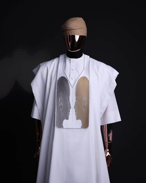 A white, Machine (Artificial Intelligence) vs Man embroidery details agbada