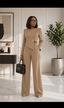Ensemble de tailleur femme beige avec blazer asymétrique et pantalon large – Deux pièces de bureau à découpes à la taille