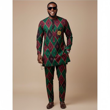 Men's Full Ankara Suit Set: Argyle/Diamond Print Tunic &amp; Trousers