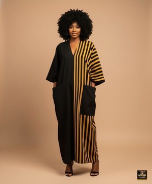 Black and mustard stripe kaftan dress