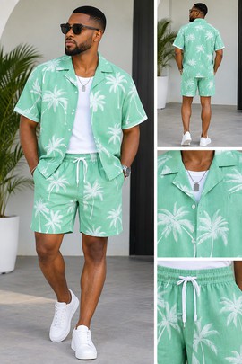 Mint Green Tropical Palm Print Short Sleeve Shirt &amp; Shorts Set