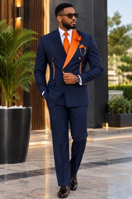 Costume croisé pour homme bleu marine et orange avec revers contrastants – Costume habillé deux pièces sur mesure