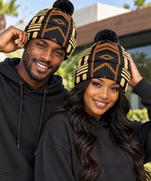 Afro Print Pattern Knitted Hat With Pom-Pom | Afrocentric Winter Wear | Bynelo