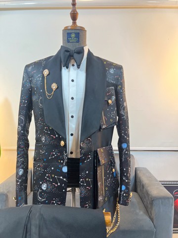 Space particle patterned jacquard  tuxedo suit with a detachable patch pockets,  .Best seller
