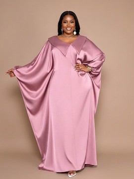 Plus Size African Women Mauve Satin Kaftan Dress with Oversized Collar