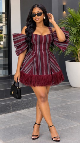 Mini-robe femme bordeaux en Aso-Oke – épaules dénudées, manches à nœud et ourlet à franges