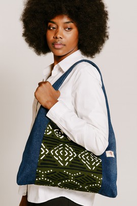 Handbag made from recycled denim and wax