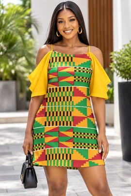 Kente Print Women's Off-Shoulder Cami Dress | Kente Womenswear | Bynelo