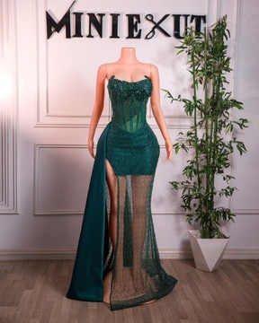Green Prom dress, green dress with side slit
