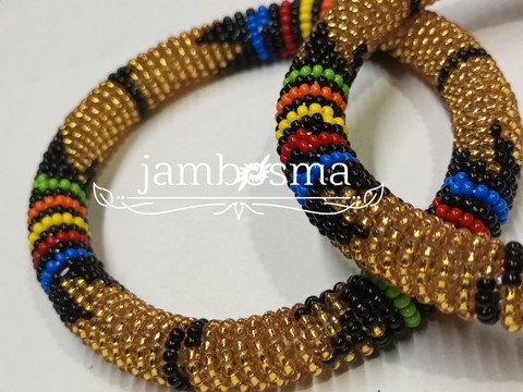 Set of two, gold and multi colored beaded Bracelet for women,Native masai Zulu bracelet